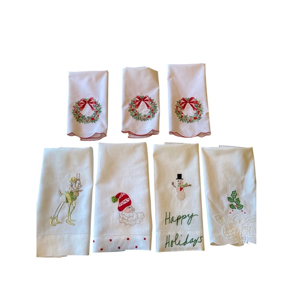 Christmas Holiday Themed Embroidered Cotton Tea Hand Towels Set‎ of 7 Variety